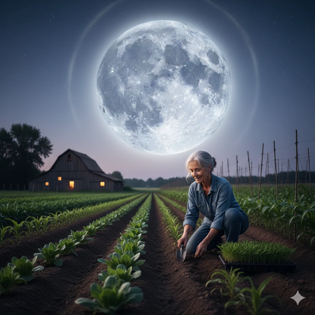 Farmer consulting a lunar calendar in a field