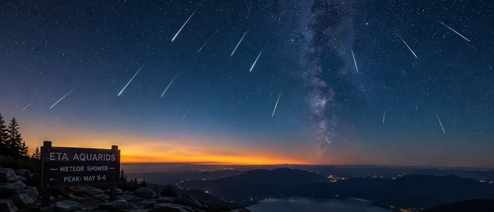 Eta Aquariid meteor shower explainer graphic showing the radiant near Aquarius and Halley's Comet debris trail
