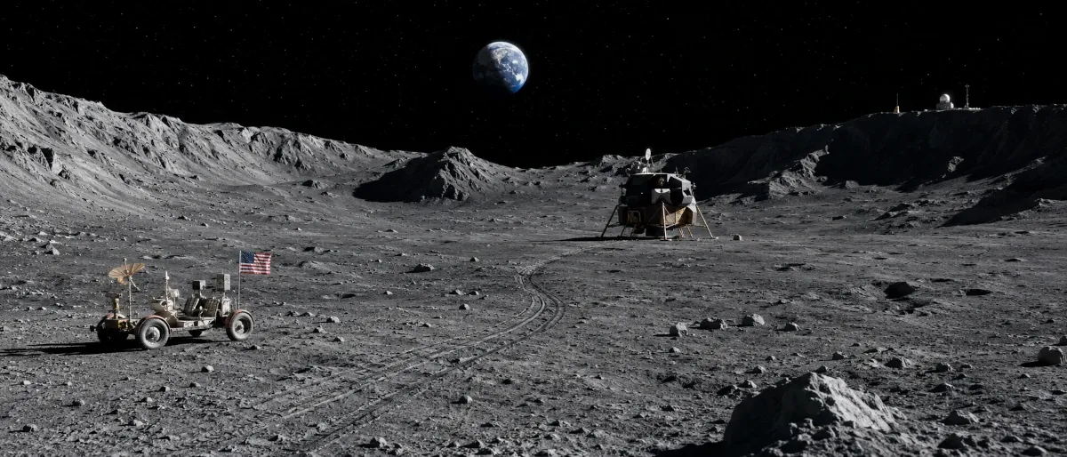 Timeline collage of lunar missions, past, present, and future