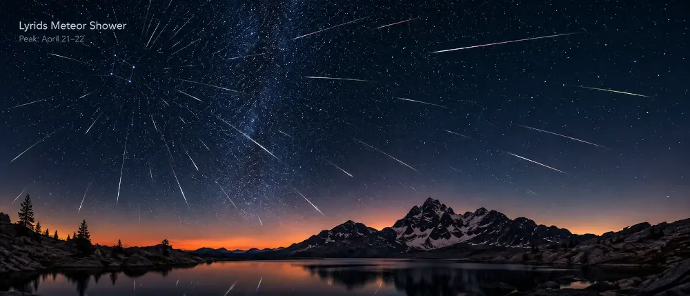 Lyrid meteor shower explainer graphic showing the radiant near Vega and Comet Thatcher's debris trail