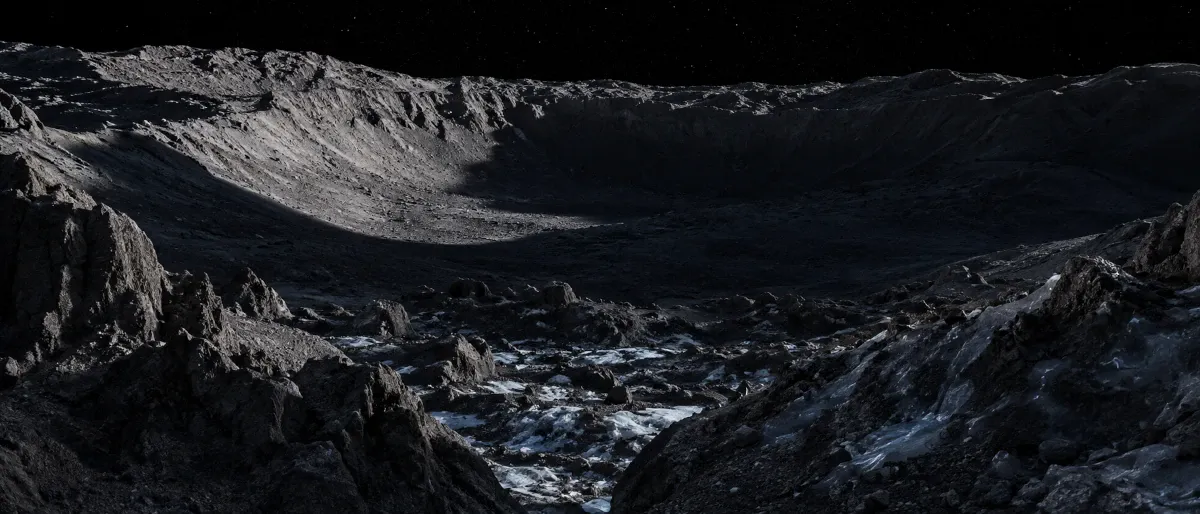 Close-up view of ice deposits inside a shadowed lunar crater