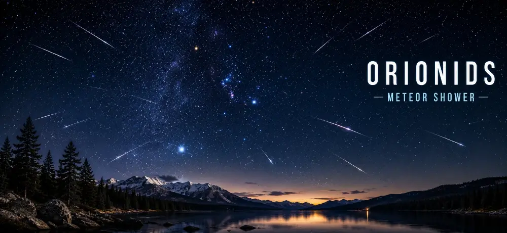 Orionid meteor shower explainer graphic showing the radiant near Orion and Halley's Comet debris trail