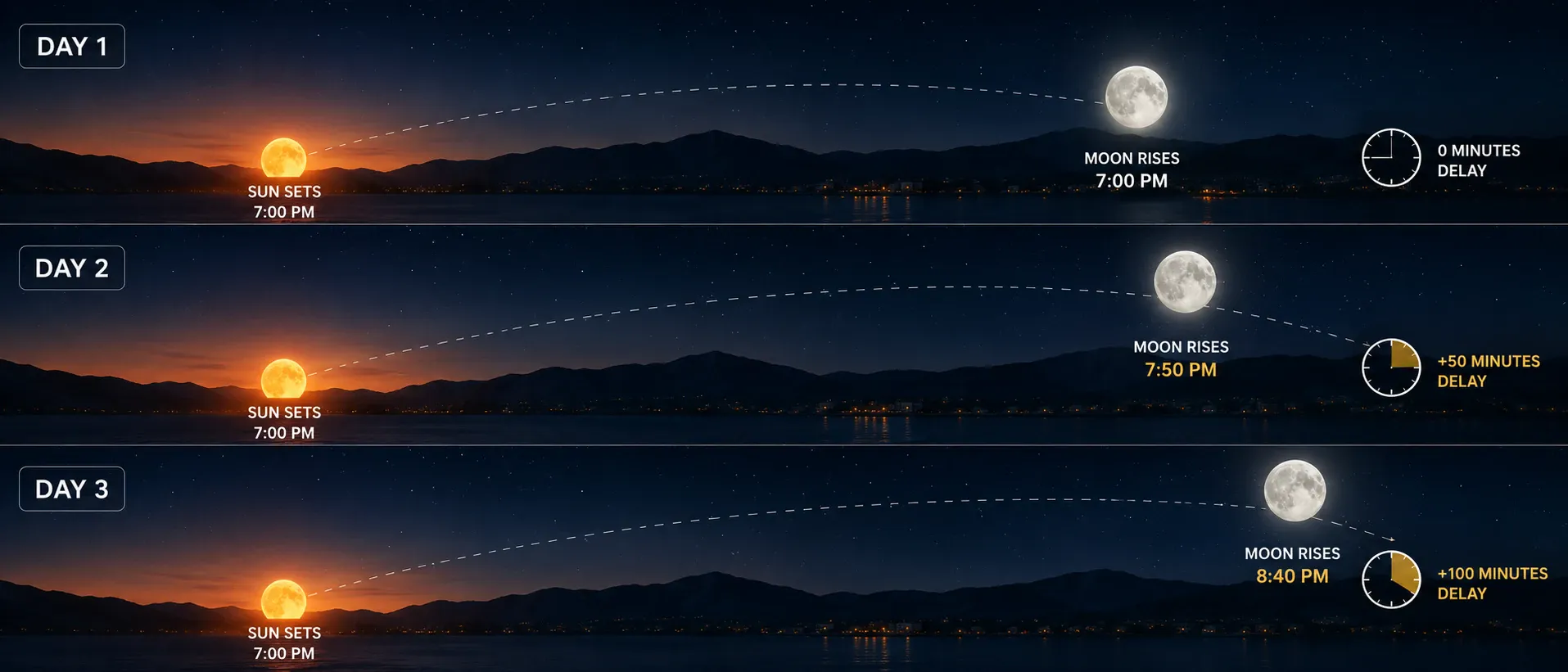 Diagram of the Moon, Sun, and Earth positions as the Moon moves across the sky