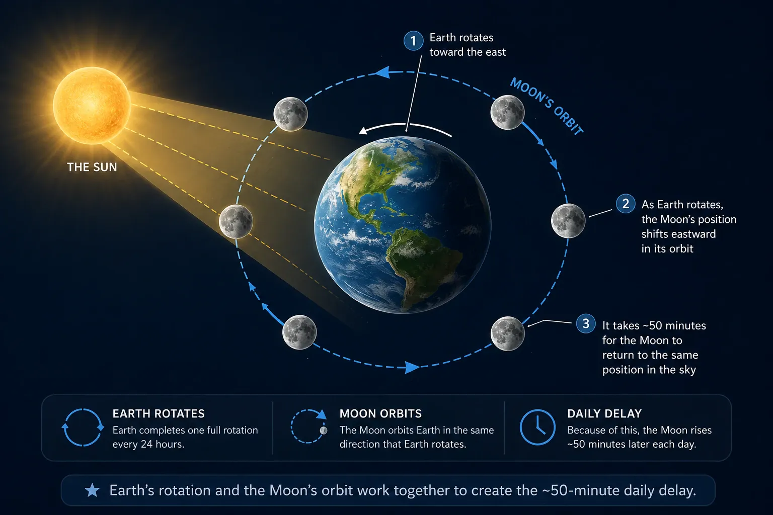 Pictogram showing why the Moon rises and sets as Earth rotates