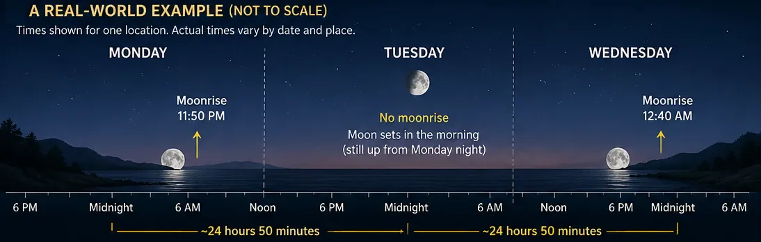 Illustration of the Moon appearing on the horizon roughly 50 minutes later each successive night.
