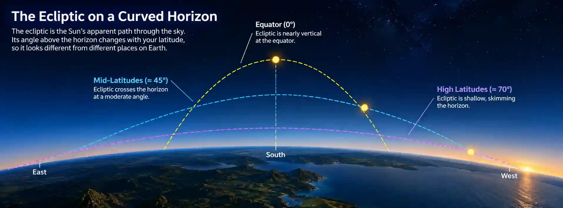 Curved horizon showing the ecliptic at different angles