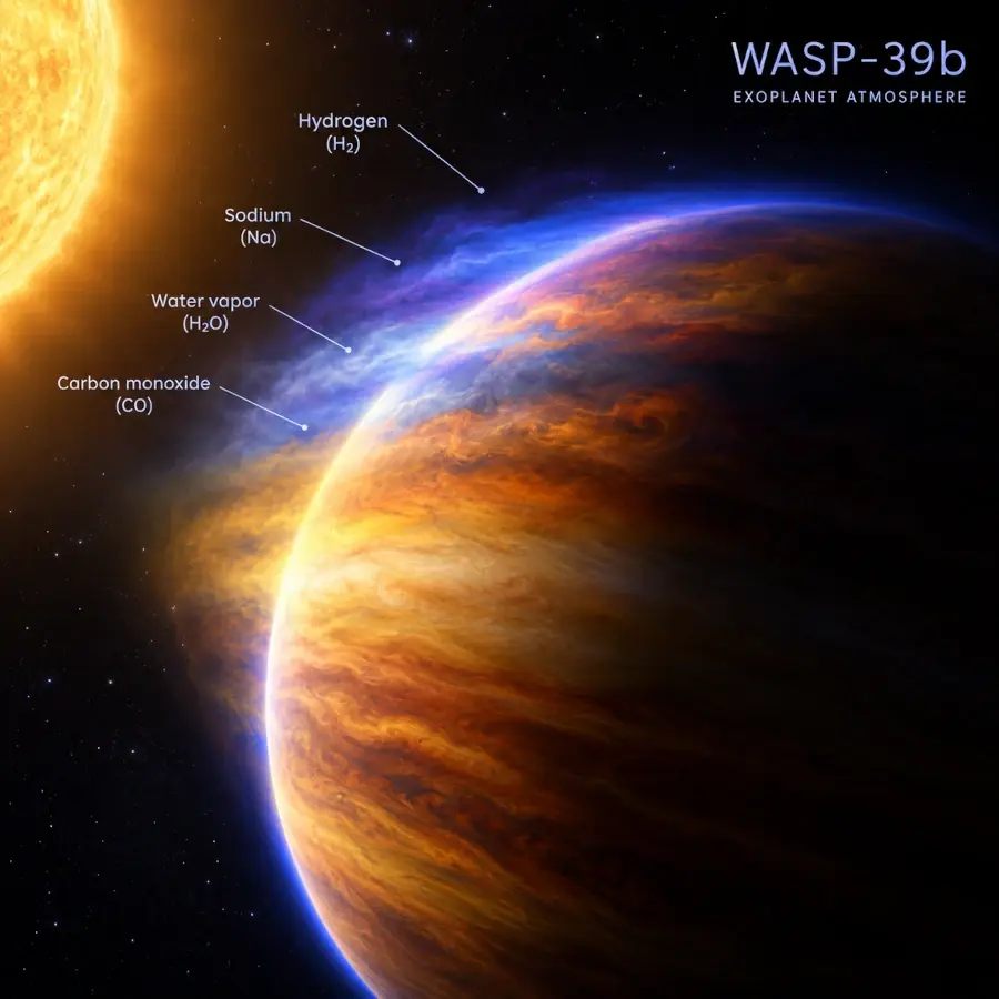 WASP-39b exoplanet atmosphere illustration
