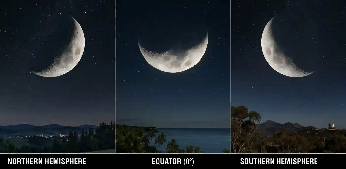 Three panels showing the same crescent viewed from tropical, temperate, and high-latitude locations