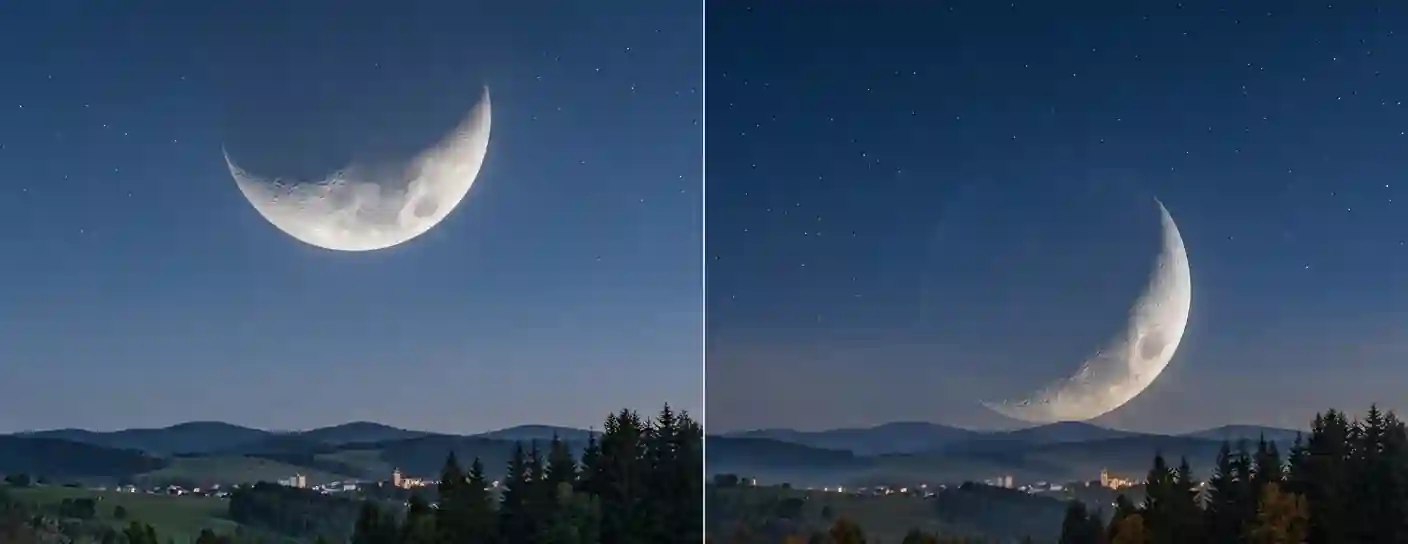 Wet Moon and differently oriented crescent Moon side by side