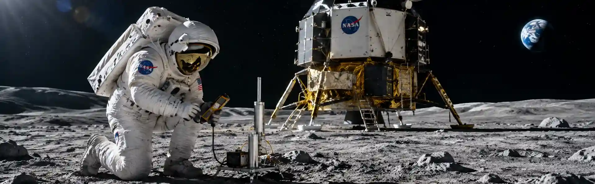 An astronaut in a spacesuit taking a temperature reading on the lunar surface