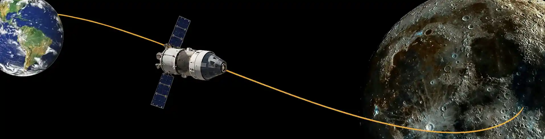 A crewed spacecraft traveling along a curved path from Earth toward the Moon